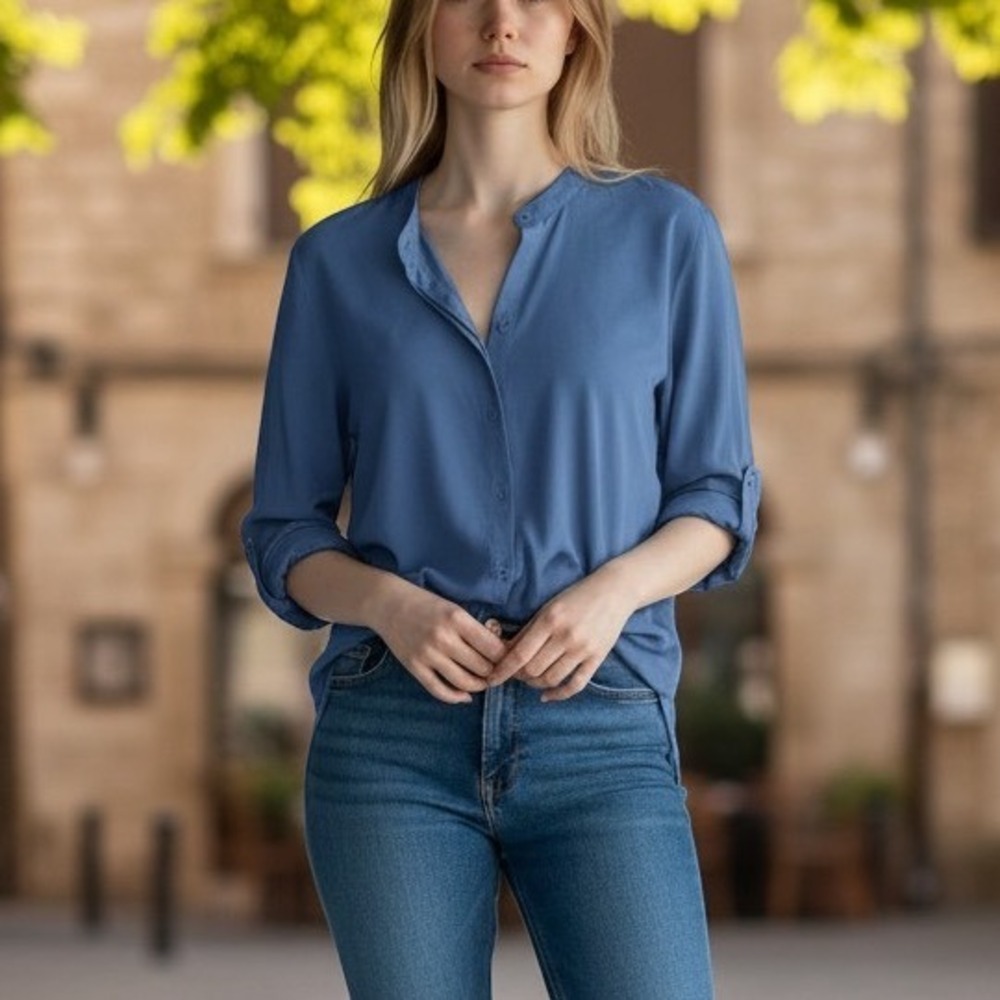 Eileen Fisher Silk Georgette Crepe Band Collar Shirt Blue Tunic